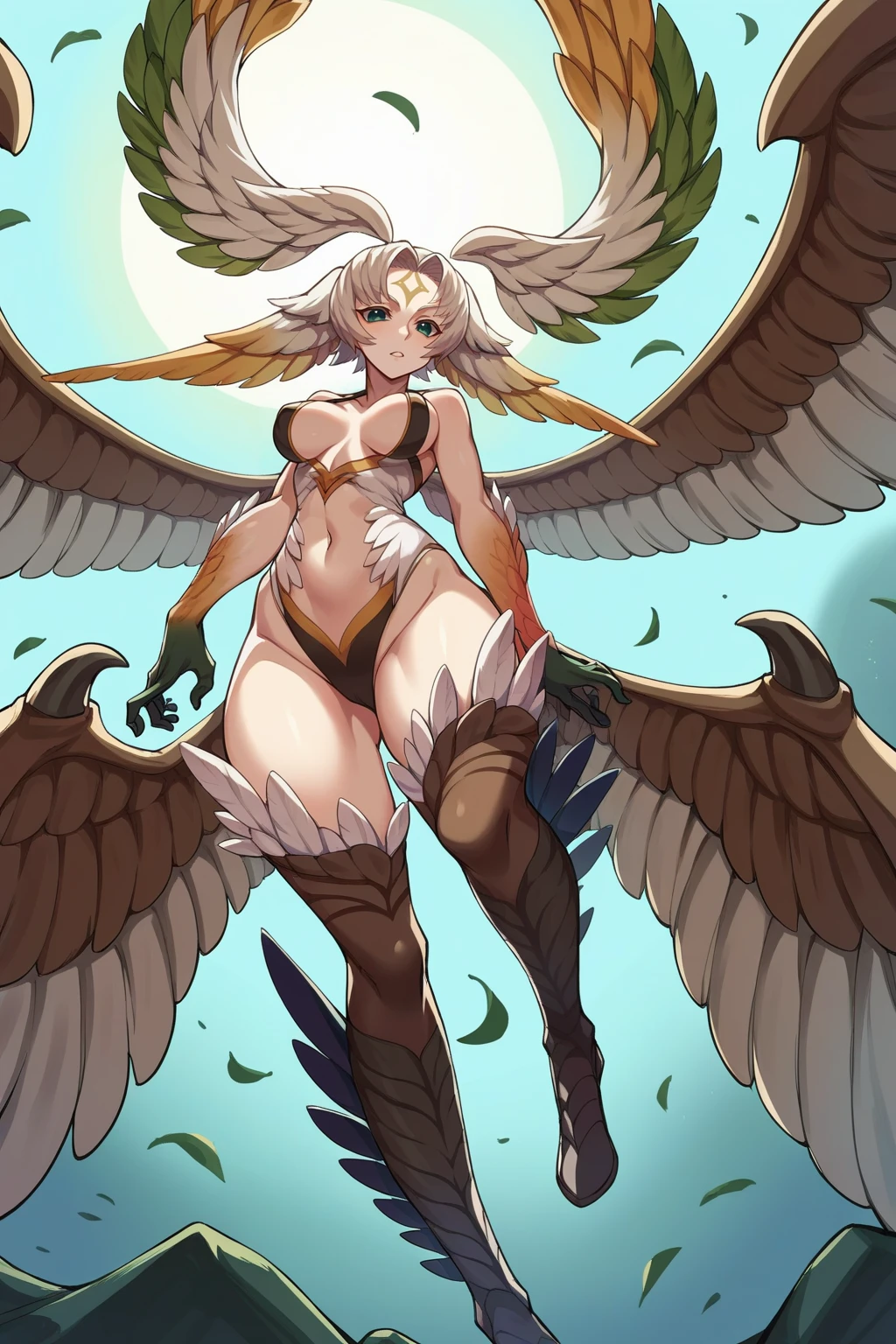 Anime Style, Chimera Farin, Chimera Girl, Short Hair , 1 girl, Chimaira,((Four legs:1.4)),((dragon lower body)), upper body of a woman,feathered wings, monster girl, claws, tawl, tail, centauroid, solo, full body, claws, feathers, belly button, blonde hair, underboob, nude, scales, large breasts, narrow waist, white Feathers, animal paws, yellow eyes, blonde hair,grey background,ct-drago,score_9, solo, long hair, simple background, 1 girl, white background, girl focus, teeth, pants, muscular, glowing, colored skin, and, sharp teeth, muscular girl, glowing eyes, clenched hands, topless girl, aura, black skin , dark skin, fur trim, leg warmers, tribal, pelt, looking at viewer, short hair, bangs, black hair, red eyes, upper body, grey background, gradient, gradient background, headgear, letterboxed, science fiction, android, mecha musume, mechanical arms, cyborg, single mechanical arm, mechanical parts, long hair, dress, bare shoulders, twintails, very long hair, purple eyes, white hair, pantyhose, detached sleeves, dark skin, dark-skinned female, white pantyhose, ta fashion