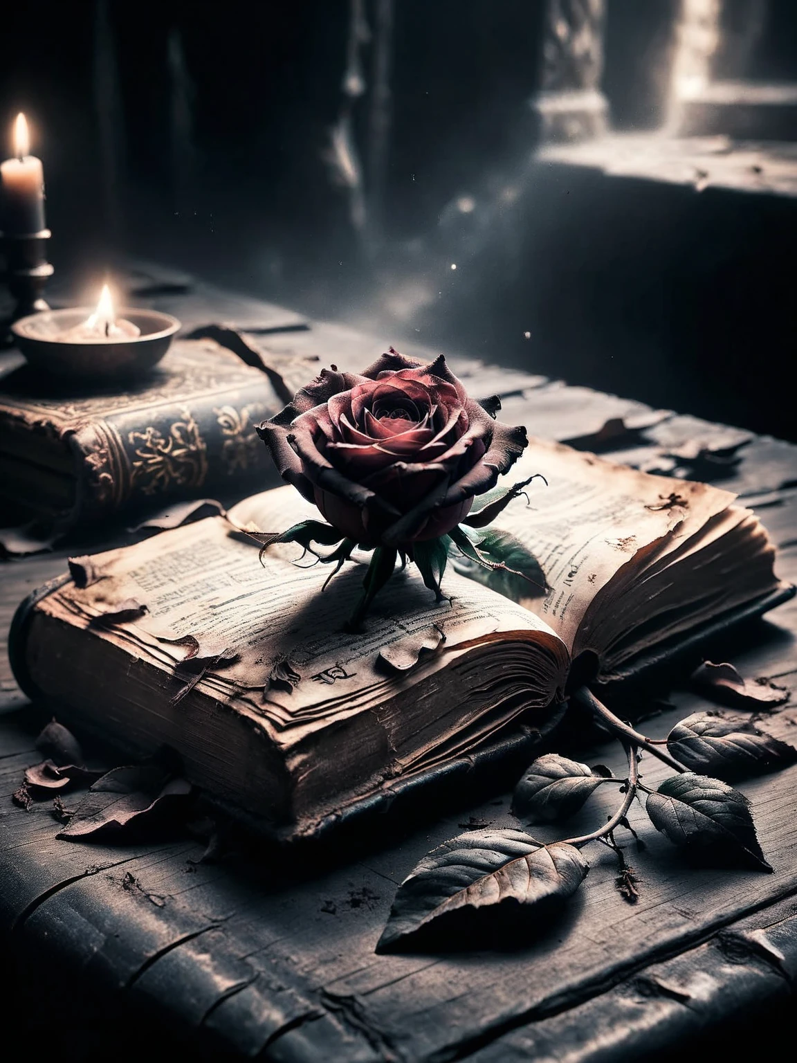 A withered ais-crsd rose lying on an ancient book, its petals blackened and curled, on a table covered in dust. <lora:ais-crsd-sdxl:1>