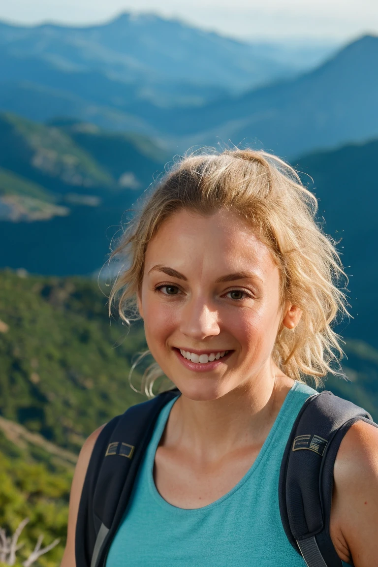 selfie , blonde , smile , avec main sur sa joue , appeased , at the top of a French mountain peak in hiking gear , avec un amis et vu de loin grand angle , constraste , grain , visage realiste