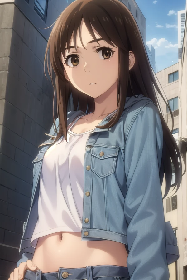 airikatagiri, <lora:airi katagiri s1-lora-nochekaiser:1>,
airi katagiri, long hair, brown hair, (brown eyes:1.5),
BREAK jacket, open clothes, shorts, hood, hoodie, denim, blue shorts, denim shorts
BREAK outdoors, city,
BREAK looking at viewer, (cowboy shot:1.5),
BREAK <lyco:GoodHands-beta2:1>, (masterpiece:1.2), best quality, high resolution, unity 8k wallpaper, (illustration:0.8), (beautiful detailed eyes:1.6), extremely detailed face, perfect lighting, extremely detailed CG, (perfect hands, perfect anatomy),