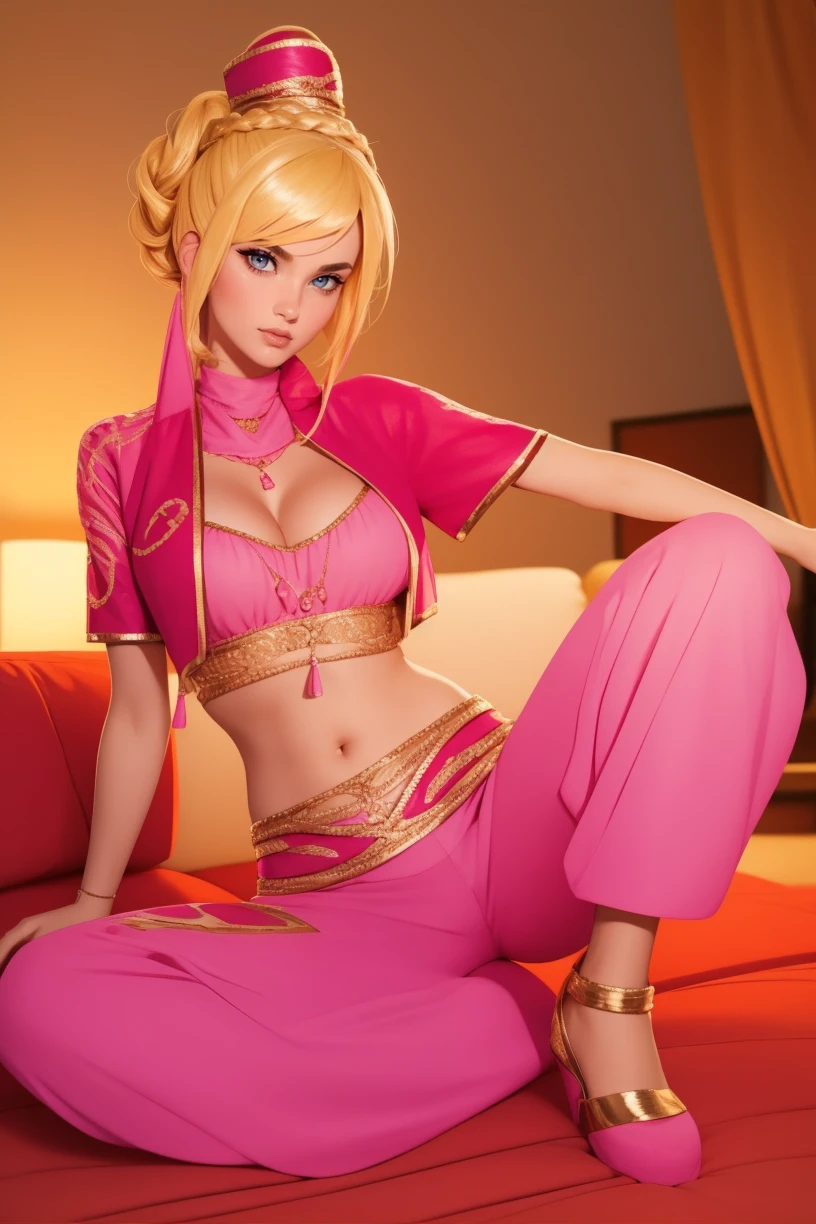 mature female, (full body:1.3), eyeliner, (blonde hair updo), wearing pink genie giab_1, crop top shirt, red crop jacket, sheer harem pants with elastic cuffs, high heels, gold embroidery, hat, <lora:giab_1-15:0.7>, (living room background), sitting, couch, presenting crotch, pov
