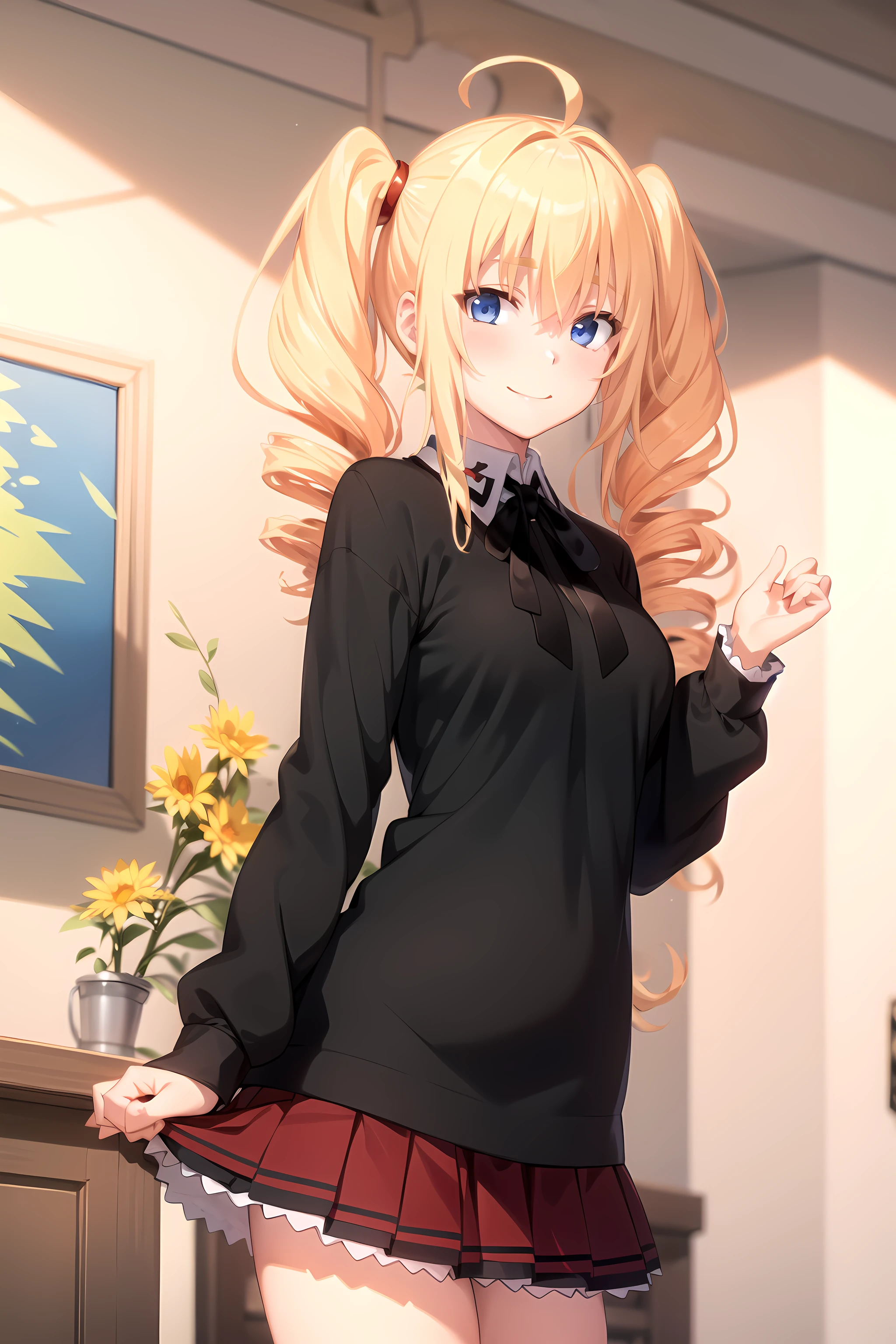 best quality, masterpiece, detailed,
<lora:HighSchoolDxD_PhenexRavel:0.8>, PhenexRavel,
1girl, closed mouth, smile,
blonde hair, blue eyes, twintails, drill hair, hair scrunchie, ahoge,
school uniform, black sweater, neck ribbon, black ribbon, red skirt,
facing viewer, looking at viewer,
indoors