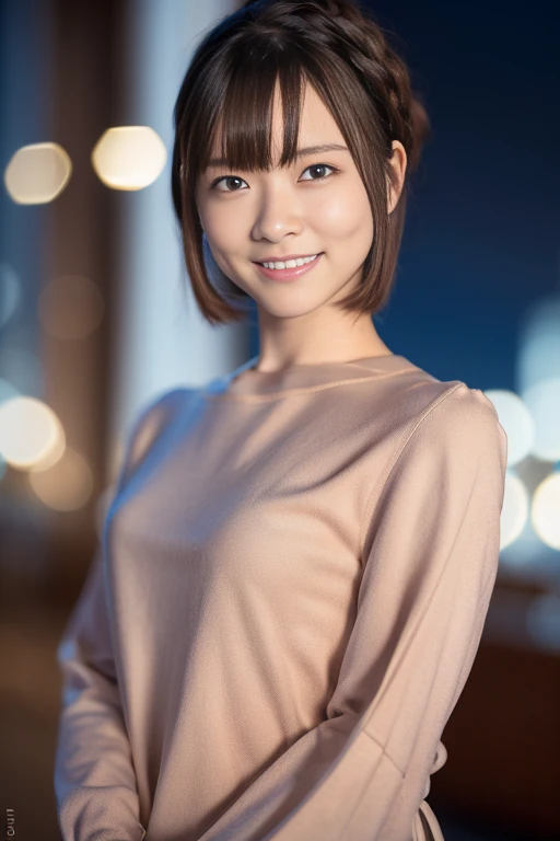 1girl, (long sleeves:1.4),(RAW photo, best quality:1.4), (realistic, photo-realistic:1.4), masterpiece, an extremely delicate and beautiful, extremely detailed, 2k wallpaper, Amazing, finely detail, extremely detailed CG unity 8k wallpaper, ultra-detailed, highres, soft light, beautiful detailed girl, extremely detailed eyes and face, beautiful detailed nose, beautiful detailed eyes,cinematic lighting,(blurry,bokeh backgound:1.6),(night, city:2.0),perfect anatomy,(slender body:1.6),(close up face:1.2),(smile,Friendly, warm:1.6),(looking at viewer:1.8),(japanese idol:1.4), (brown eyes:1.4),(short hair:1.4), (cleavage:0.8), <lora:miyashitasaki_lora-v2_01:0.8>