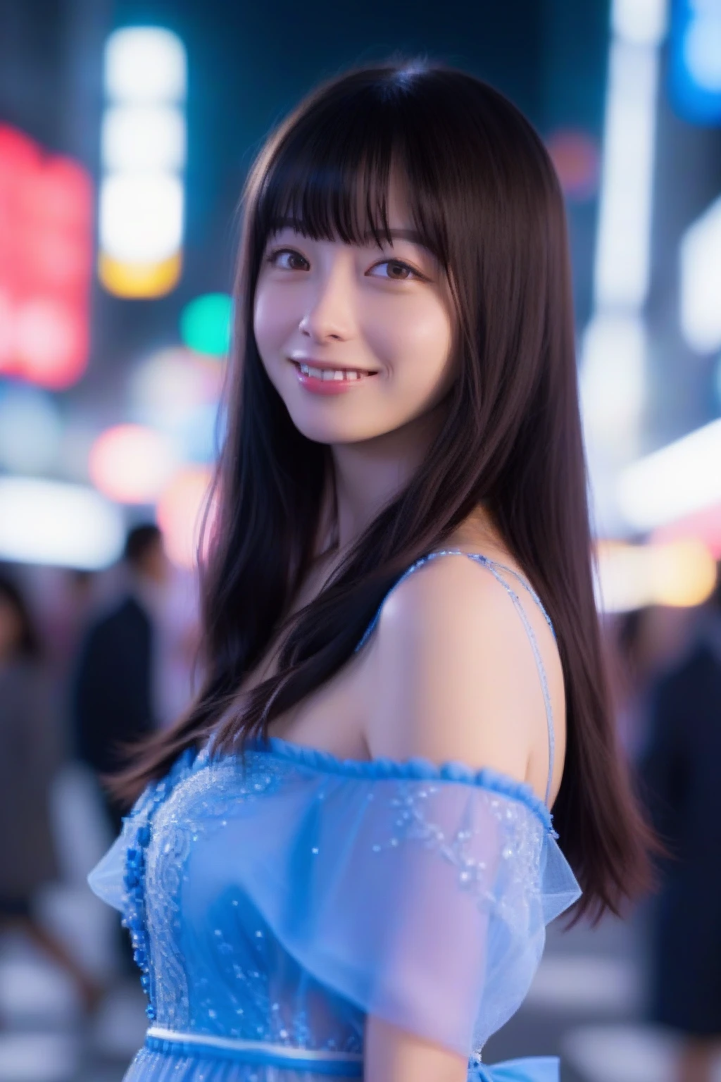 1girl,(RAW photo, best quality), (realistic, photo-realistic:1.4), masterpiece, an extremely delicate and beautiful, extremely detailed, 2k wallpaper, Amazing, finely detail, extremely detailed CG unity 8k wallpaper, ultra-detailed, highres, soft light, beautiful detailed girl, extremely detailed eyes and face, beautiful detailed nose, beautiful detailed eyes,cinematic lighting,perfect anatomy,slender body,smiling ,(bokeh:1.3)
in front of izakaya,narrow street like nakano,lights reflected on wet floor,after rain,night time,shop sign lights,winter night
wearing blue dress
<lora:mahirucoda_lora:0.8>