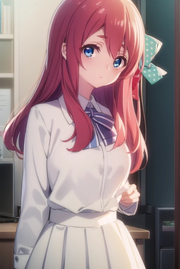 sakuraminamoto, <lora:sakura minamoto s2-lora-nochekaiser:1>,
sakura minamoto, blue eyes, long hair, red hair, one side up, hair bow, green bow, red bow, ahoge, polka dot, polka dot bow,
BREAK bowtie, long sleeves, school uniform, serafuku, skirt, white skirt,
BREAK indoors, classroom,
BREAK looking at viewer, (cowboy shot:1.5),
BREAK <lyco:GoodHands-beta2:1>, (masterpiece:1.2), best quality, high resolution, unity 8k wallpaper, (illustration:0.8), (beautiful detailed eyes:1.6), extremely detailed face, perfect lighting, extremely detailed CG, (perfect hands, perfect anatomy),