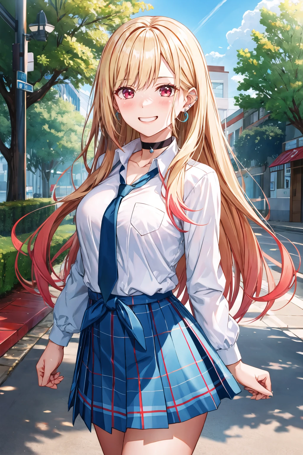 masterpiece, best quality, highres, kitagawa marin, 1girl, blonde hair, long hair, multicolored hair, red eyes, jewelry, earrings, piercing, school uniform, white shirt, tied shirt, black choker, blue necktie, plaid skirt, <lora:kitagawa_marin_v1-1:0.7>, grin, smile, standing, cowboy shot, outdoors, blue skirt <lora:Akusema-Style:1>
