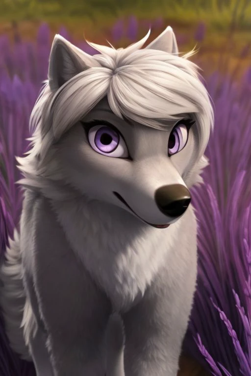 ASCIIASCIISelfie, looking at viewer, young adult, wolf, Silver-gray and White fur, lavender eyes, feral, female, ((wolf tail)), dress, solo, detailed flower field background, detailed eyes, 4K, by darkgem