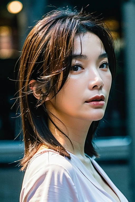 Best quality,masterpiece,ultra high res,(photorealistic:1.2),1girl,in the dark,deep shadow,low key,slim body,taipei street alley,dynamic pose,face closeup,(cleavage:0.8),medium breasts,white shirt,brown hair,<lora:janel_tsai>,