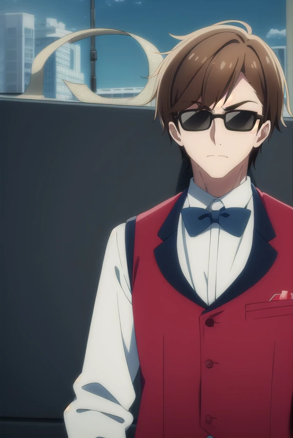 koutaroutatsumi, <lora:koutarou tatsumi s2-lora-nochekaiser:1>,
koutarou tatsumi, short hair, brown hair, male focus, sunglasses,
BREAK shirt, long sleeves, bow, jacket, white shirt, collared shirt, belt, pants, bowtie, vest, black bow, blue bow, blue jacket, jacket on shoulders, blue pants, blue bowtie, (red vest:1.5),
BREAK outdoors,
BREAK looking at viewer, (cowboy shot:1.5),
BREAK <lyco:GoodHands-beta2:1>, (masterpiece:1.2), best quality, high resolution, unity 8k wallpaper, (illustration:0.8), (beautiful detailed eyes:1.6), extremely detailed face, perfect lighting, extremely detailed CG, (perfect hands, perfect anatomy),