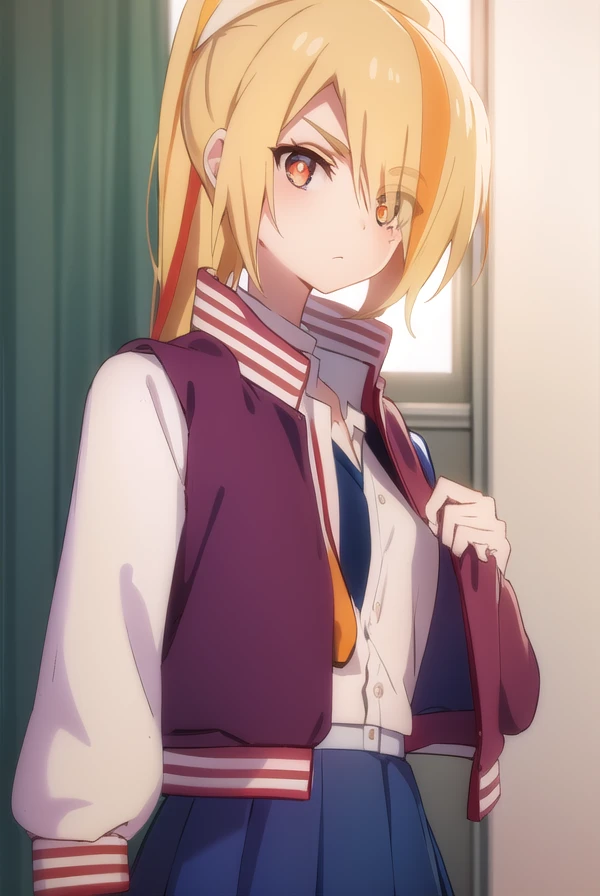 sakinikaidou, <lora:saki nikaidou s2-lora-nochekaiser:1>,
saki nikaidou, blonde hair, eyes visible through hair, hair over one eye, light green hair, long hair, multicolored hair, (orange eyes:1.3), orange hair, ponytail, streaked hair,
BREAK blue skirt, jacket, (letterman jacket:1.5), necktie, orange necktie, skirt,
BREAK looking at viewer, full body,
BREAK indoors, classroom,
BREAK <lyco:GoodHands-beta2:1>, (masterpiece:1.2), best quality, high resolution, unity 8k wallpaper, (illustration:0.8), (beautiful detailed eyes:1.6), extremely detailed face, perfect lighting, extremely detailed CG, (perfect hands, perfect anatomy),