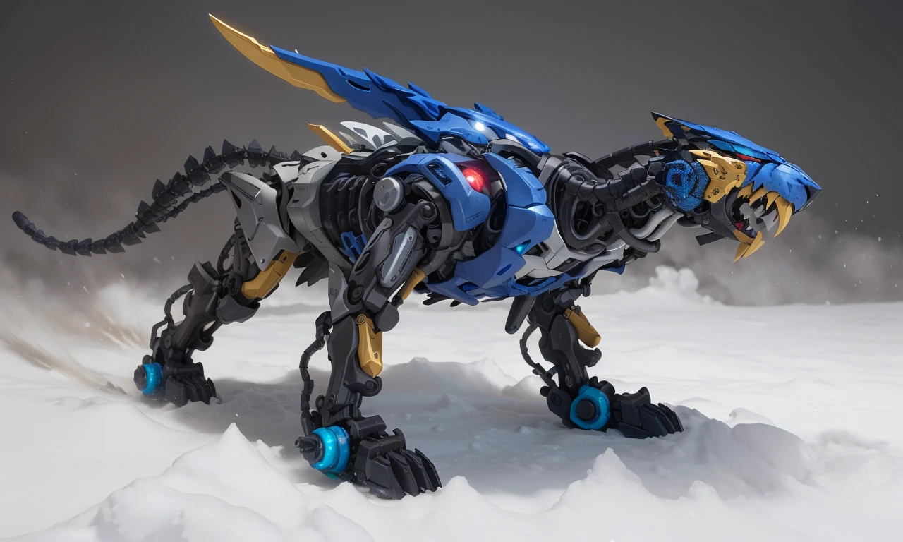 tgrzoid2024, blue mechanical tiger, 4 legs, robotic head, mecha, cybernetic, cyberpunk, armor, armored head, quadruped, best quality, zoids, new york city, blue metal,