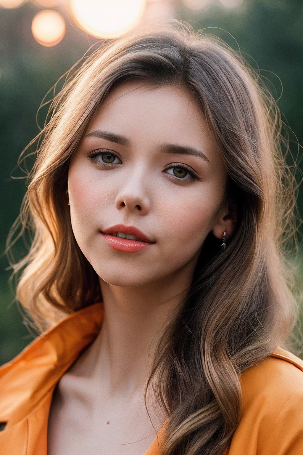 photo of (MilaA_SoloTI_v1:0.99),
a beautiful woman, perfect hair, (modern photo, Tiger Orange yellow raincoat:1.1), closeup portrait, 85mm, (analog, cinematic, film grain, hazy atmosphere:1.3), ((outside, rivendell background, sunset:1.2)), detailed eyes, (painted lips), (seductive), (looking at viewer), earrings, (cinematic shot:1.3)