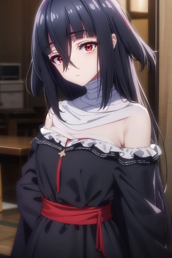 taeyamada, <lora:tae yamada s2-lora-nochekaiser:1>,
tae yamada, lack hair, hair between eyes, long hair, (red eyes:1.5), sidelocks,
BREAK bandaged chest, bandaged head, bandages, black dress, dress, off shoulder,
BREAK indoors, classroom,
BREAK looking at viewer, (cowboy shot:1.5),
BREAK <lyco:GoodHands-beta2:1>, (masterpiece:1.2), best quality, high resolution, unity 8k wallpaper, (illustration:0.8), (beautiful detailed eyes:1.6), extremely detailed face, perfect lighting, extremely detailed CG, (perfect hands, perfect anatomy),