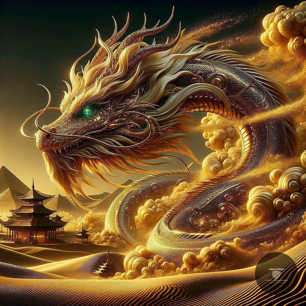 Additional Prompt:  Golden Dragon, portrait, close-up, hyperrealistic, high resolution, clear quality, high-quality high-resolution illustration shot on an LCD display, psychedelic, realistic close-up, cyber detailed beautiful, with sparkling EMERALD eyes and silky pleasant skin, reflections of GOLD and AMBER, the image dissolves partially turns into a CLOUD of gold FOG, voluminous dust, widescreen view with an oasis and pyramids in the background, very hot air, shimmering heat of GOLDEN SAND, sand clouds, detailed particles, extremely swirling , cinematic lighting, close-up portrait, shading, golden ratio, 8k, high detail, realistic, extremely high quality, detail, high resolution, masterpiece, wallpaper of the highest quality, with ultra-8k details, extremely clear, in shades of GOLD AND AMBER IN MIXED STYLES BY Daniel Merriam, Naoto Hattori, Anna Dittmann, 8k, clear focus, fantastic, beautiful details, Nikon D850 dof bokeh extremely detailed photography award-winning soft light hyperrealistic work by Gian Lorenzo Bernini