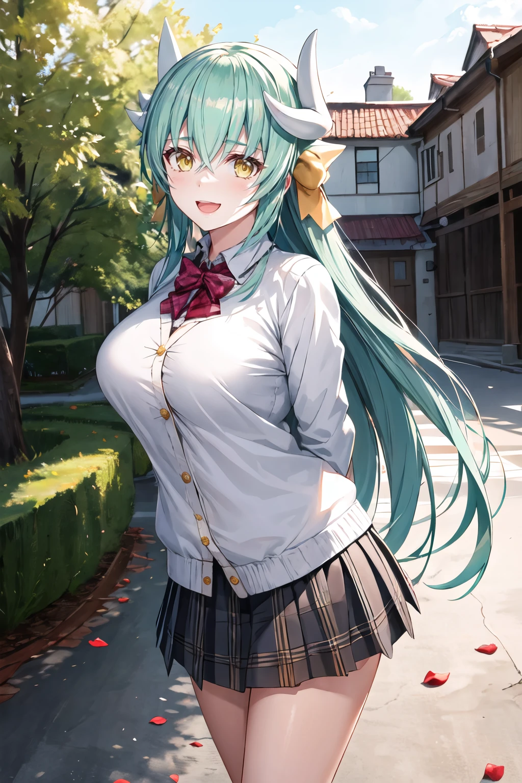 masterpiece, best quality, highres, aakiyo, long hair, aqua hair, white horns, hair bow, yellow bow, yellow eyes, <lora:kiyohime_(lancer)_v1:0.7>, cardigan, plaid skirt, arms behind back, smile, open mouth, petals, outdoors, big breasts <lora:Akusema-Style-000071:1>