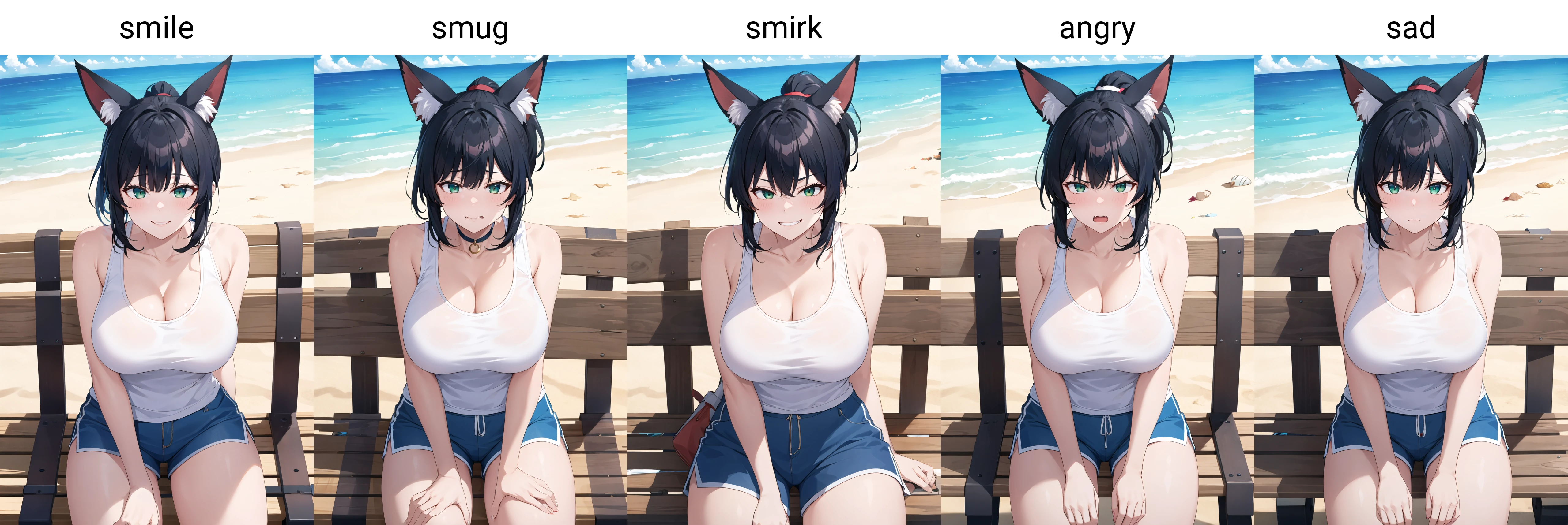 masterpiece, best quality, 1girl, solo, sitting, on bench, outdoors, beach, tank top, (white tank top:1.2), (black hair:1.2), green eyes, (smile), ponytail, blunt bangs, short hair, huge breasts, blue shorts, fox ears,   <lora:hagoonha-Style:1>