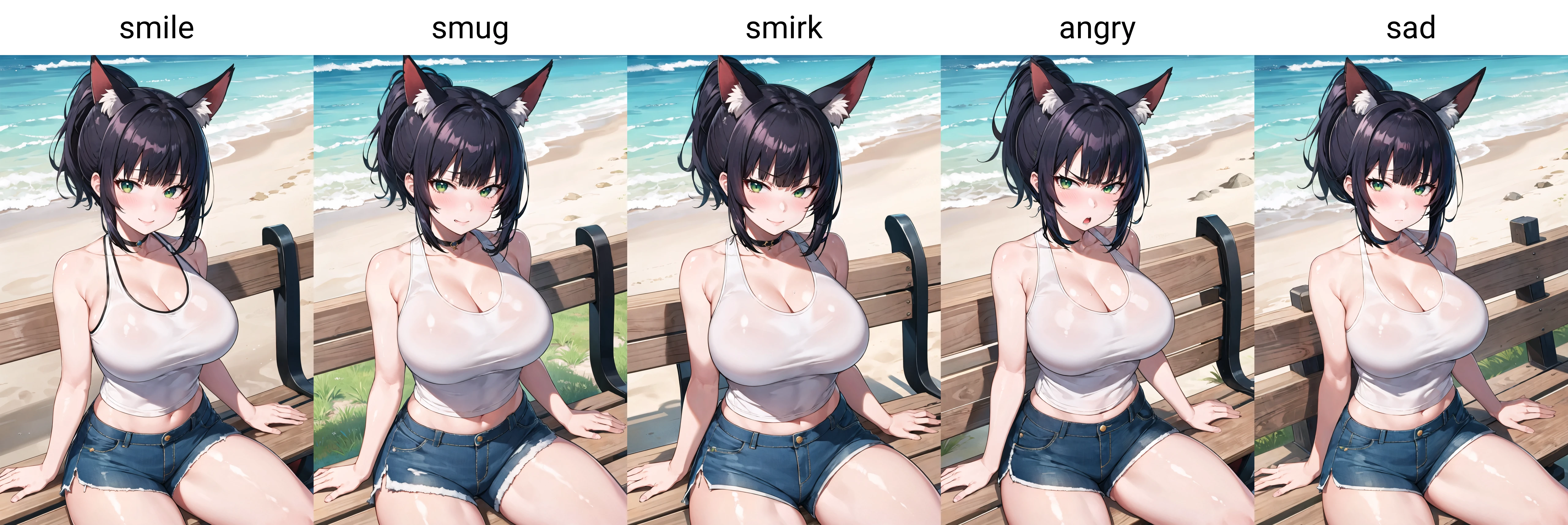 masterpiece, best quality, 1girl, solo, sitting, on bench, outdoors, beach, tank top, (white tank top:1.2), (black hair:1.2), green eyes, (smile), ponytail, blunt bangs, short hair, huge breasts, blue shorts, fox ears, <lora:mitsudomoe-Style:1>