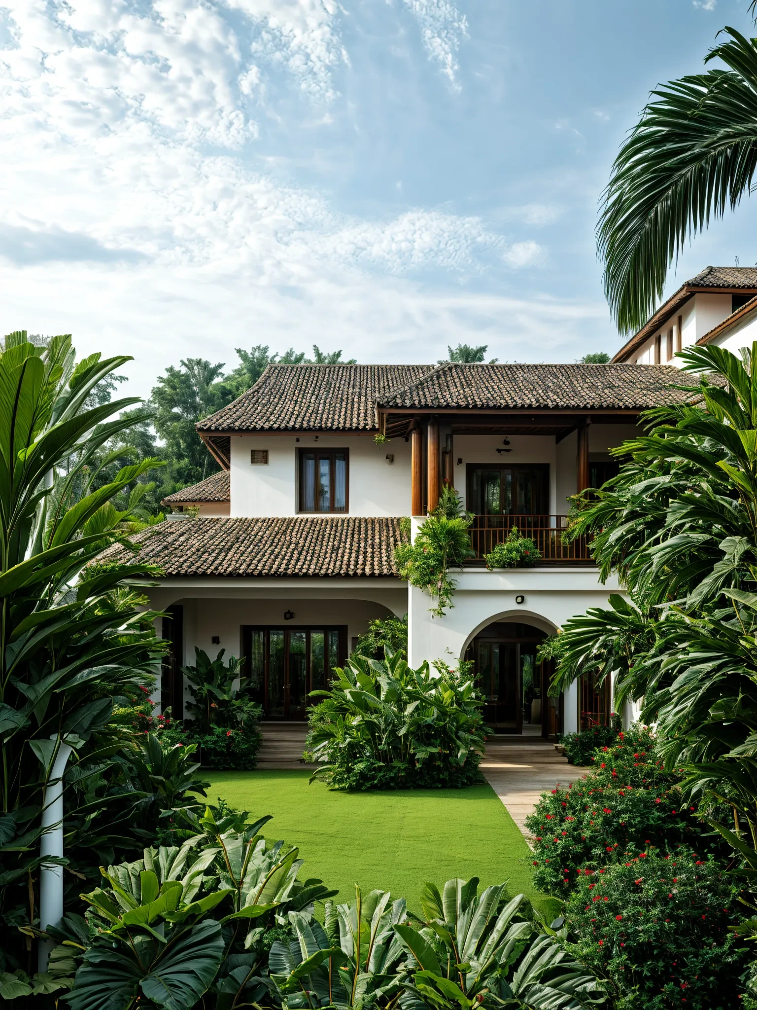 photography, tropical villa, white stucco walls, gable tiled roof, wood column supports, upper level balcony, lush greenery, potted plants, open veranda, overcast sky, wide shot, natural daylight   <lora:AIDVN_TropicalHouse_v1:0.6>