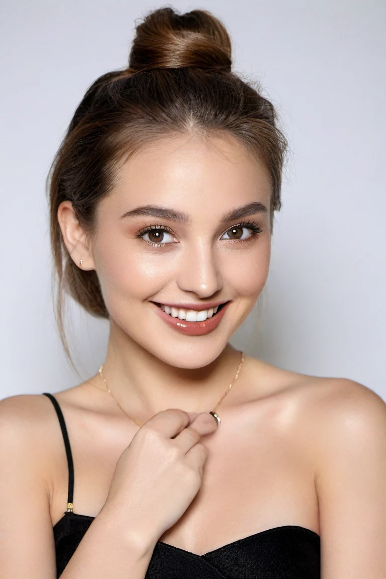 (masterpiece:1.21),(bestquality:1.21),8k,high detailed,ultra-detailed,depth of field,wide angle,1girl,beautiful face,Graceful Hands,Real Skin Texture,solo,looking at viewer,clean background trending,(portrait photo of a gray backdrop),black eyes,beautiful detailed eyes,random_color_lipstick,eyeliner,eyelashes,random_color_nail_polish,earrings,necklace,
Golden brown Hair,hair bun,Laughing,High key lighting,shadow,
<lora:HandFineTuning_XL:0>,