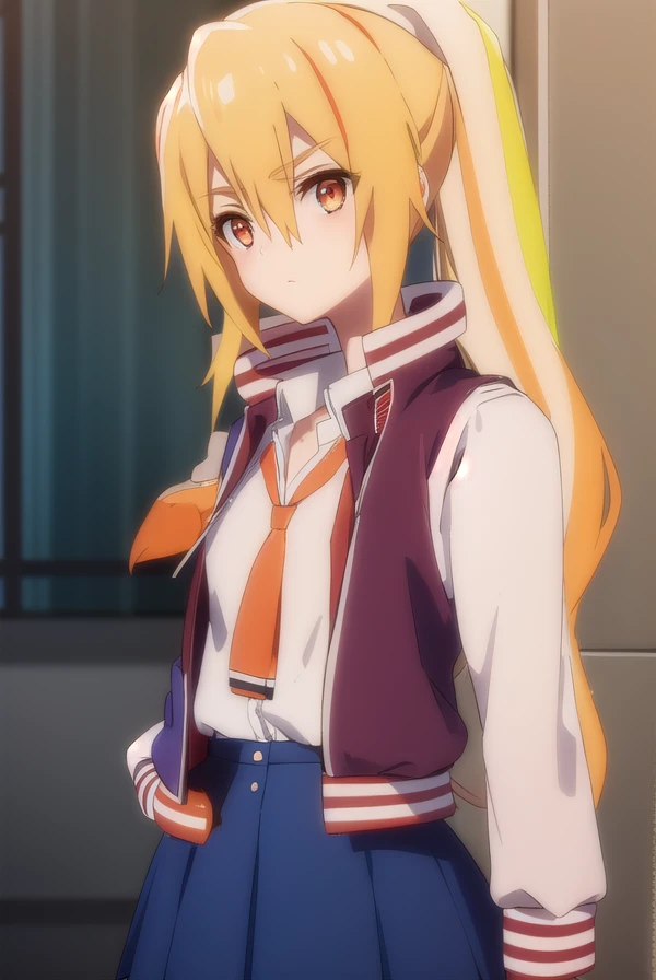 sakinikaidou, <lora:saki nikaidou s2-lora-nochekaiser:1>,
saki nikaidou, blonde hair, eyes visible through hair, hair over one eye, light green hair, long hair, multicolored hair, (orange eyes:1.3), orange hair, ponytail, streaked hair,
BREAK blue skirt, jacket, (letterman jacket:1.5), necktie, orange necktie, skirt,
BREAK looking at viewer, full body,
BREAK indoors, classroom,
BREAK <lyco:GoodHands-beta2:1>, (masterpiece:1.2), best quality, high resolution, unity 8k wallpaper, (illustration:0.8), (beautiful detailed eyes:1.6), extremely detailed face, perfect lighting, extremely detailed CG, (perfect hands, perfect anatomy),