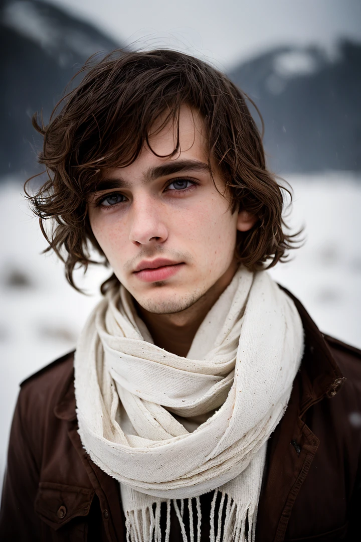 Fine art photography, (amateur photo), (analog photo:1.2,film grain),(night, a white 21 years old boy, thin lips, dark blonde messy hair, slanted brown eyes, white skin, very sad expression, wearing post-apocalyptic warm clothes with a scarf, on a mountain in the middle of a snowstorm),vivid colours,realistic,photographic, (natural colors, correct white balance, color correction, dehaze,clarity), background rich in details, conceptual image,masterpiece, award winning photography