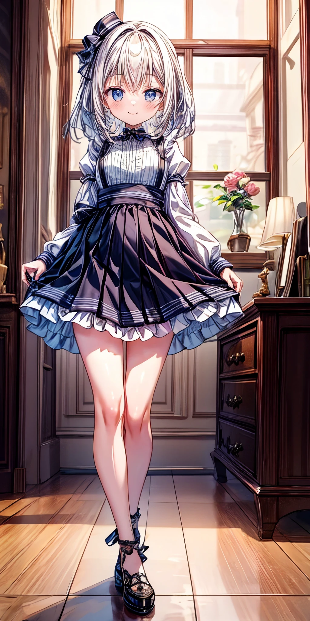 (masterpiece,ultra-detailed,best quality,8K,illustration,shaved:1.2),(ite girl:1.0) <lora:add_detail:1.5> ,  <lora:ojigi:0.6> (ojigi:1.3), 1girl, smile,long skirt,