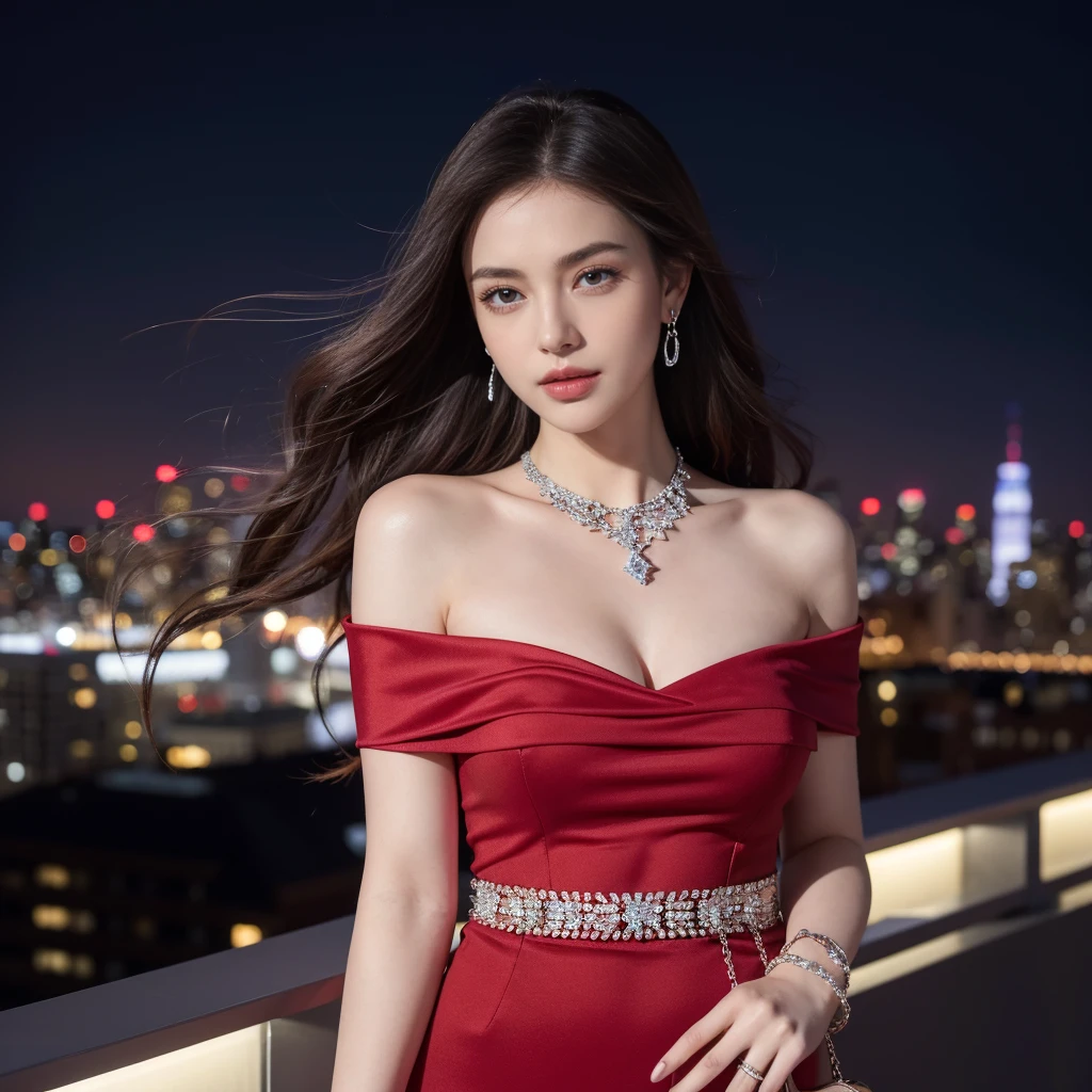 a woman in a red dress, off the shoulder, a woman in a silver dress standing in the sky bar on top of the roof, a blurry  New York City in the background,  smiley face, messed hair, evening, full body photo shoot, dept, [(Jewelry:  huge diamond necklace, diamond ring)], handbag, [nail style: (angel nails), (details on fingers and nails)], pink lips, ((diamond bracelet left-hand side)), RAW candid cinema, 16mm, color graded portra 400 film, remarkable color, ultra realistic, textured skin, remarkable detailed pupils, realistic dull skin noise, visible skin detail, skin fuzz, dry skin, shot with cinematic ,  <lora:cnb5c5le878c73ajdjs0:0.8> milesa,  <lora:detailed_hands:0.8> hand, 8k, best quality, masterpiece, realistic, ultra detail, photo realistic, Increase quality, jagged edges, navy, natural beauty, [:(detailed face:1.2):0.2] <lora:more_details:0.3>,