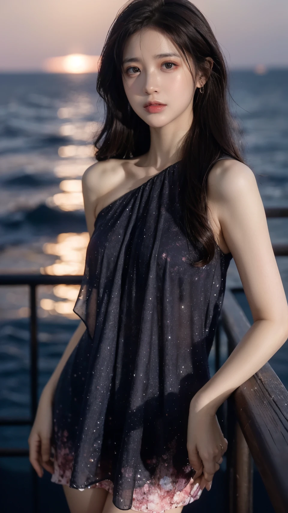 best quality,HDR,UHD,8K,Vivid Colors,solo,medium-shot,(1girl:1.5),(standing:1.3),from front,soft light,(looking at viewer:1.6),Elegant,detailed gorgeous face,<lora:add_detail:0.5>,(sea background:1.1),cowboy shot,<lora:rc106:0.8>, rc,starry sky print,