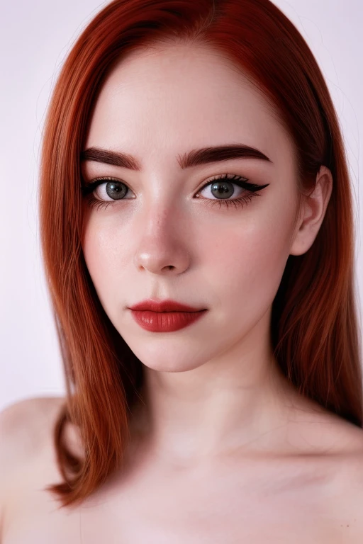 portrait shot of masterpiece,best quality,absurdres,ultradetailed,8K,photorealistic,
1girl,
(playful gaze, smirking:1.1),makeup,
<lora:MollyRedWolf_640_128:0.7>,mollyredwolf,pale skin,blue eyes,
long hair,red hair,(symmetrical frame,symmetrical pose,looking at viewer,face on:1.5),(simple white background:1.5),, RAW candid cinema, 16mm, color graded portra 400 film, remarkable color, ultra realistic, textured skin, remarkable detailed pupils, realistic dull skin noise, visible skin detail, skin fuzz, dry skin, shot with cinematic camera. Close-up, eyes on camera, clear, sharp