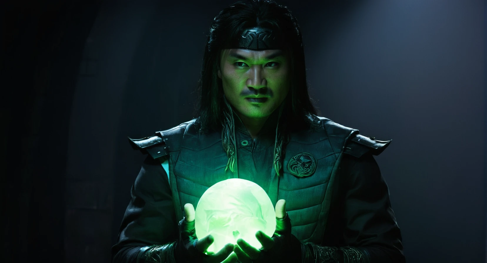 cinematic film still of <lora:Mortal Kombat style:0.9> Horror Shang Tsung,
Mortal Kombat style, fictional universe consisting of numerous realms, Shang Tsung,main antagonist,dastardly sorcerer,scheming Outworldian sorcerer,a man in a black jacket holding a green glowing object,solo,looking at viewer,black hair,gloves,1boy,green eyes,jacket,male focus,black gloves,belt,dark skin,fingerless gloves,glowing,dark-skinned male,black background,skull,magic,dreadlocks , Live-action, white sclera eyes, muscular, fitness, fighters, Action-adventure, brutal and gruesome, Mortal Kombat style, mk style
<lora:Symbiote Style v2:1> Symbiote Style , shallow depth of field, vignette, highly detailed, high budget, bokeh, cinemascope, moody, epic, gorgeous, film grain, grainy