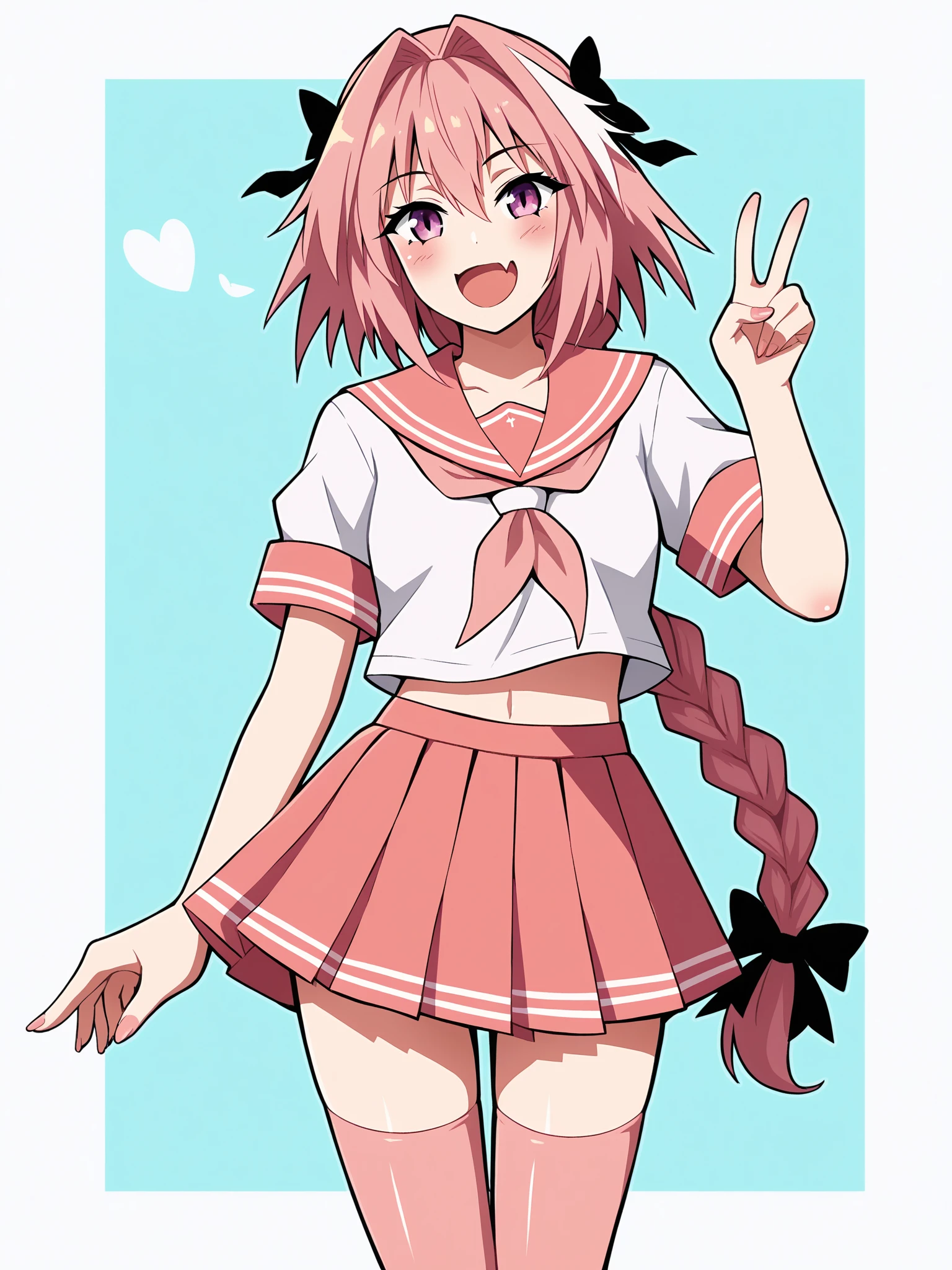 score_9, score_8_up, score_7_up, score_6_up, score_5_up, score_4_up, rating_safe
BREAK
astolfo \(fate\), otoko no ko, pink hair, braid,
BREAK
solo, standing, pink serafuku, white shirt, pink thighhighs, pink skirt, peace sign,
BREAK
white background, <lora:Lunas-Harayutaka-SDXL-A1:1>