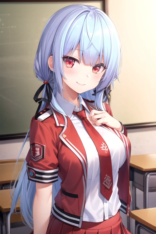 ((masterpiece)),(best quality),official art,extremely detailed CG,unity 8k wallpaper,ultra detailed,beautiful detailed eyes,extremely detailed face,classroom,1girl,solo,upper body,(portrait:1.5),looking at viewer,facing viewer,smile,very long hair,blue hair,hair bobbles,hair ribbon,black ribbon,hair ornament,eyes visible through hair,sidelocks,blunt bangs,red eyes,cropped jacket,red jacket,open jacket,white shirt,collared shirt,red necktie,short sleeves,large breasts,miniskirt,pleated skirt,red skirt,white thighhighs,loafers,<lora:Shuukaidou Rika(aosa):0.8>,