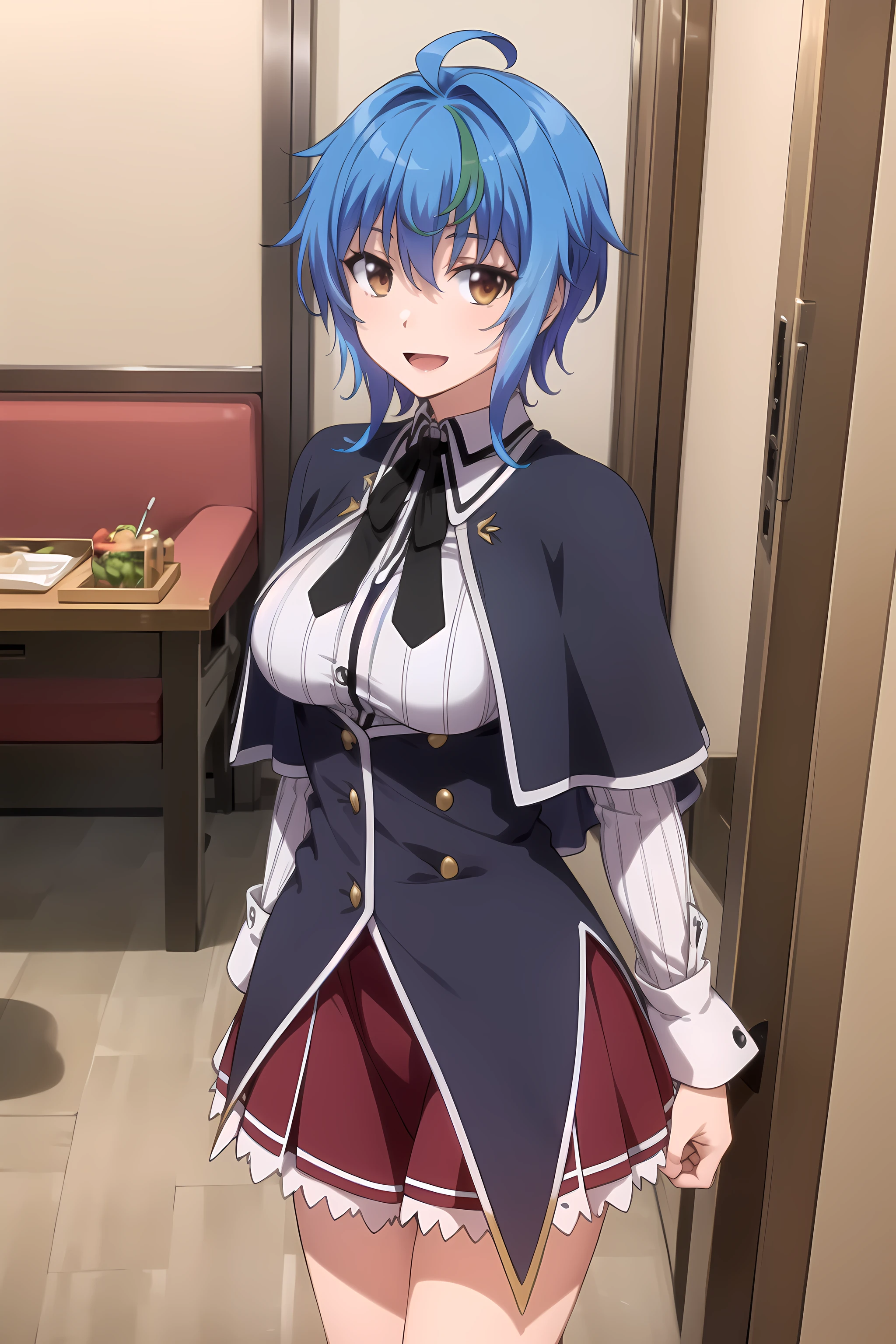 best quality, masterpiece, detailed,
<lora:HighSchoolDxD_XenoviaQuarta:0.8>, XenoviaQuarta,
1girl, open mouth, smile,
(multicolored hair, blue hair, green hair:1.2), short hair, ahoge, brown eyes,
school uniform, striped shirt, neck ribbon, black ribbon, black corset, purple skirt, capelet,
standing, looking at viewer,
indoors