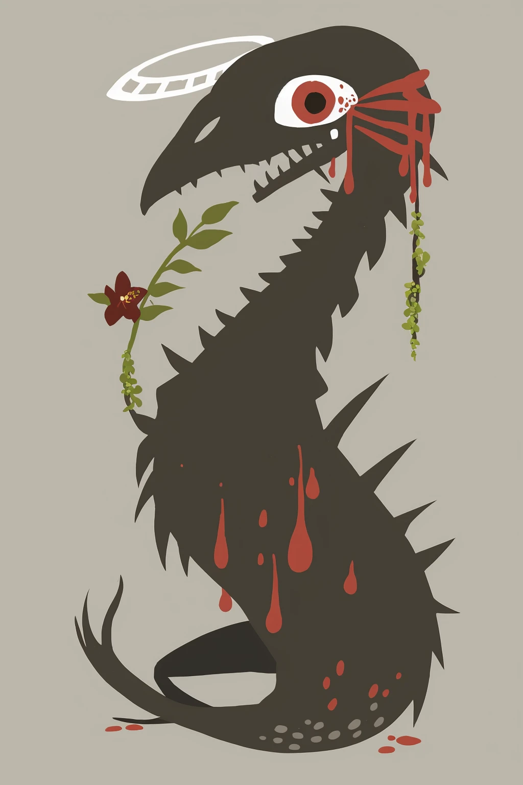masterpiece, best quality, <lora:style23:1>,no humans, flower, simple background, wings, holding, blood, plant, white background, grey background, tombstone, red flower, bug, bone, skeleton, solo, halo, vines, monster, holding flower, flat color, open mouth, skull, from side,full body,
