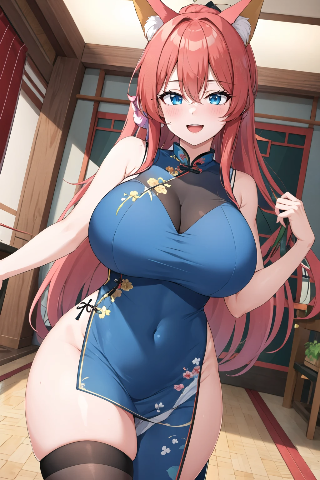 masterpiece, best quality, 1girl, standing, full body, red hair, blue eyes, (qipao:1.2), (blue chinese dress:1.2), (gigantic breasts:1.2),(wide hips:1.2),(thick thighs:1.2), black panties, black underwear ,smile,thighhighs,(blush:1.2),indoors,choker, slender waist, fox girl, fox ears, long hair, ponytail, long qipao, skintight qipao, (fully clothed:1.2) <lora:hagoonha-Style:1>