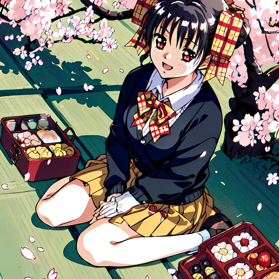 <lora:narusawa_v2:0.8>,narusawa,1girl,super fine illustration,masterpiece,best quality,:d,skirt,sitting,cherry blossoms,petals,wariza,cardigan,bento,hanami,