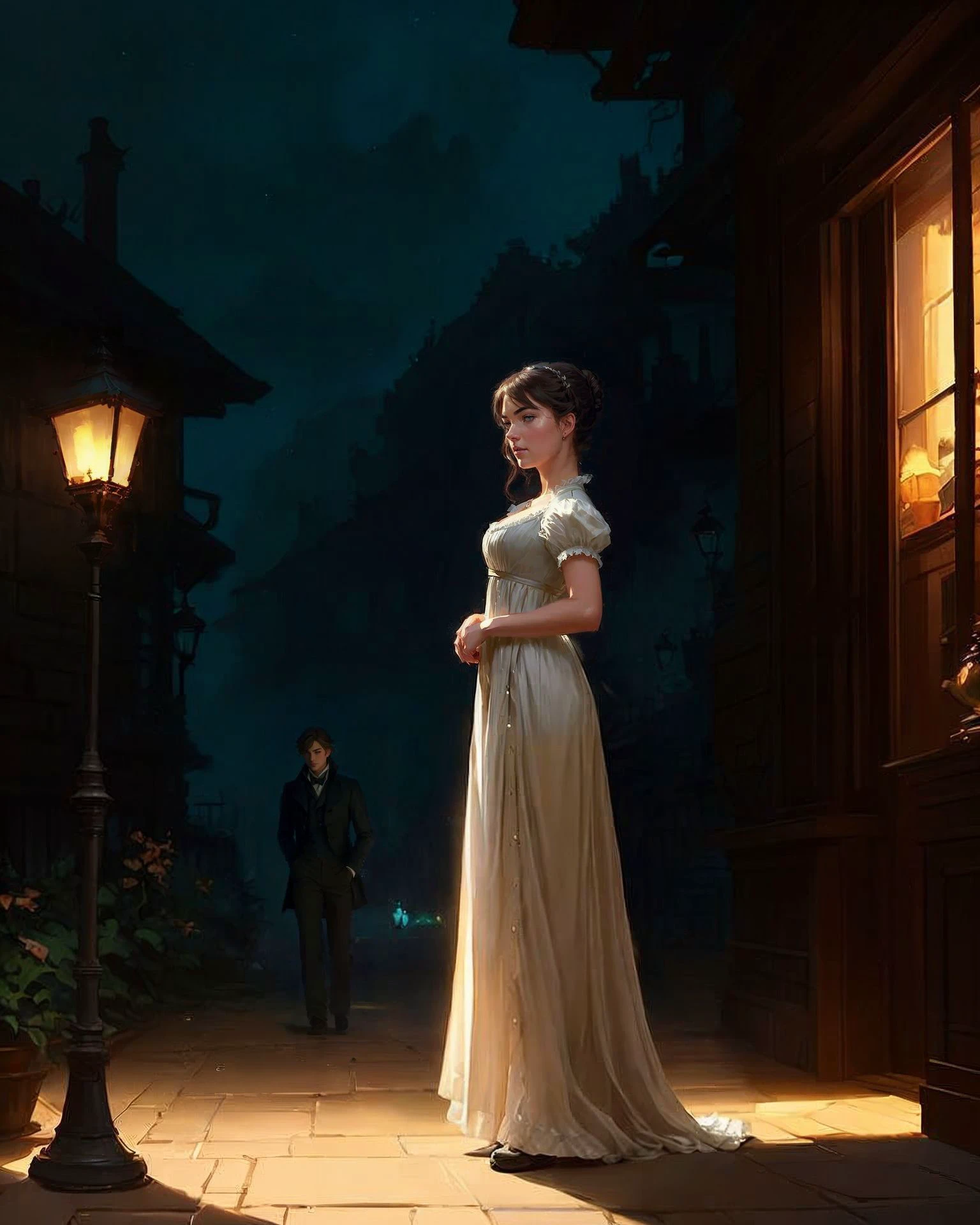 photo of a lamppost, outdoors, art by smoose, (extremely detailed CG unity wallpaper), ArtStation, CGSociety, Intricate, High Detail, Sharp focus, digital painting, concept art, professional majestic oil painting by Ed Blinkey, Atey Ghailan, Studio Ghibli, by ((Jeremy Mann)), Greg Manchess, Antonio Moro, (((ArtStation))), CGSociety, volumetric lighting, dramatic lighting, rim lighting <lora:noise-offset:1> <lora:Regency_Period_SD1.5:0.7>