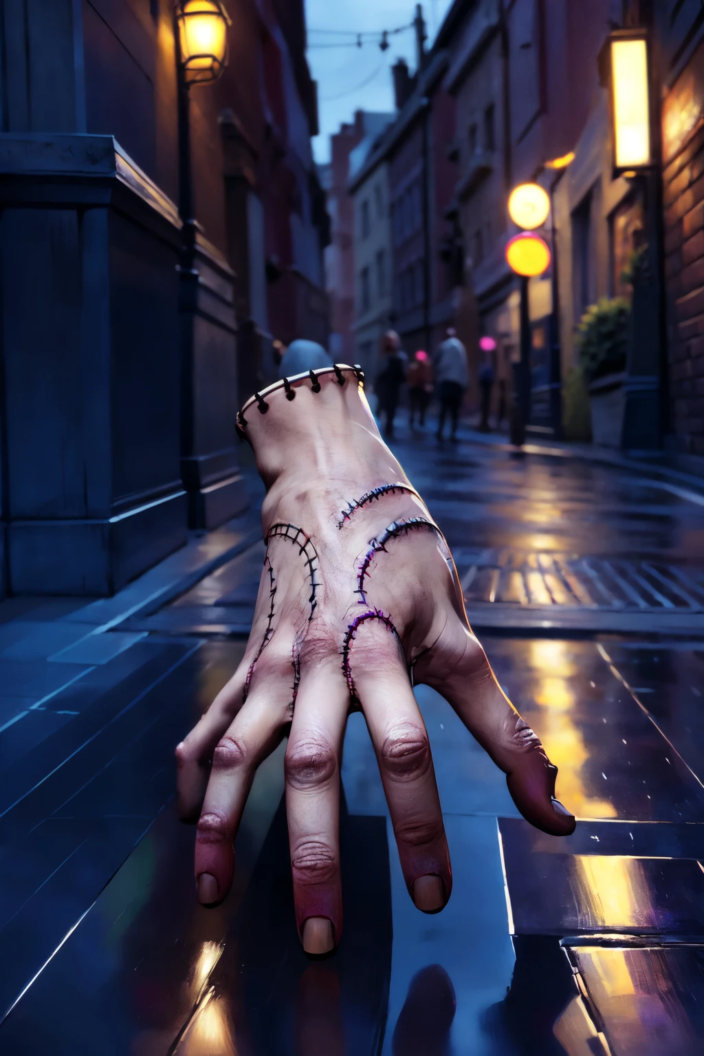 on a street, rain, crowd of people scream in fear,, high detail skin, high detail eyes, high detail hair, highres, ultra detailed, sharpen picture, Highly detailed, masterpiece, best quality, photorealistic, <lora:thingthingthingLora:1> severed hand, black nails, stitches, fingers, thing (addams family), standing