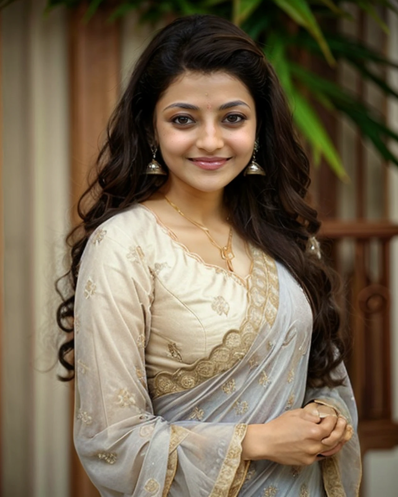 photo of kjag woman conservatively dressed woman wearing Cinnamon Salwar Kameez clothing, looking at camera, smiling, brown eyes, simple background  <lora:kjag_Kajal_Aggarwal_SD15_LoRA_prodigy_local_regs:1>