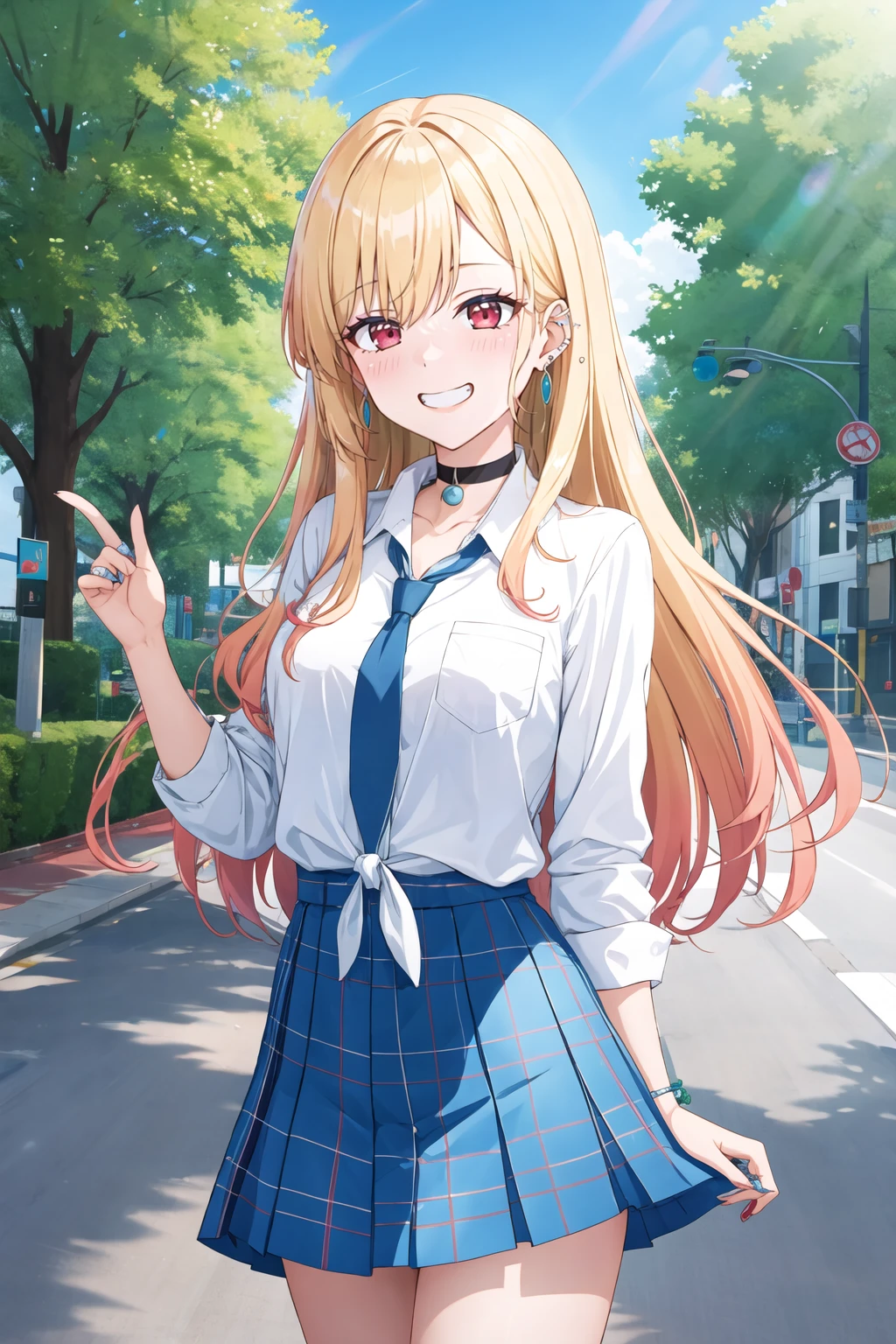 masterpiece, best quality, highres, kitagawa marin, 1girl, blonde hair, long hair, multicolored hair, red eyes, jewelry, earrings, piercing, school uniform, white shirt, tied shirt, black choker, blue necktie, plaid skirt, <lora:kitagawa_marin_v1-1:0.7>, grin, smile, standing, cowboy shot, outdoors, blue skirt <lora:hagoonha-Style:1>