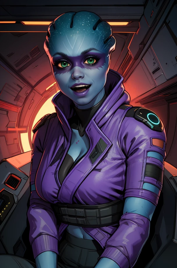 Peebee,blue skin, (black eye paint), solo, upper body, smiling, close up, standing, green eyes, from above, 
 PeBeG,purple jacket ,midriff,pants,belt ,black footwear ,gloves , cleavage, cutout, space pod, neon lights, 
 (insanely detailed, beautiful detailed face, masterpiece, best quality) <lora:Peebee-10v3:0.7>