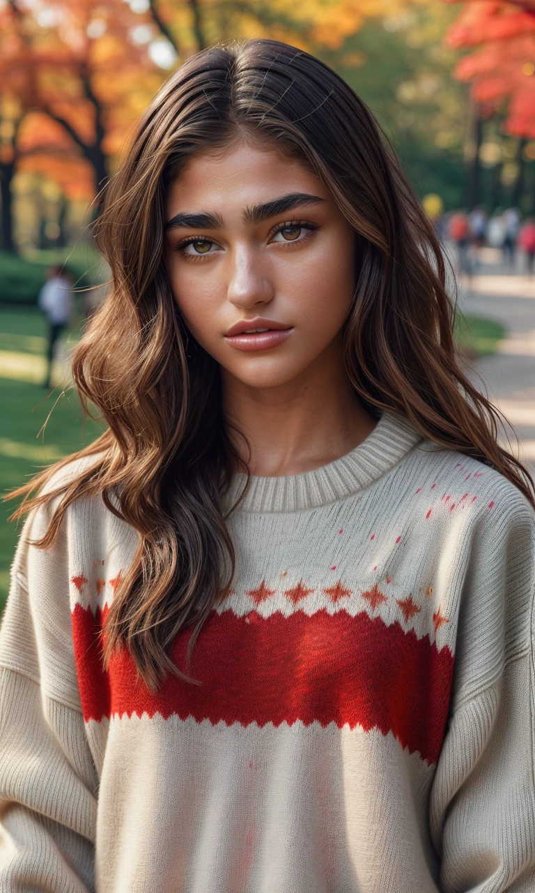 raynavall2024, 1 girl, uhd, 8k, best quality, masterpiece, skin pores, detailed skin, cinematic lighting, depth of field, photorealistic, focus on eyes, central park, colorful sweater,
