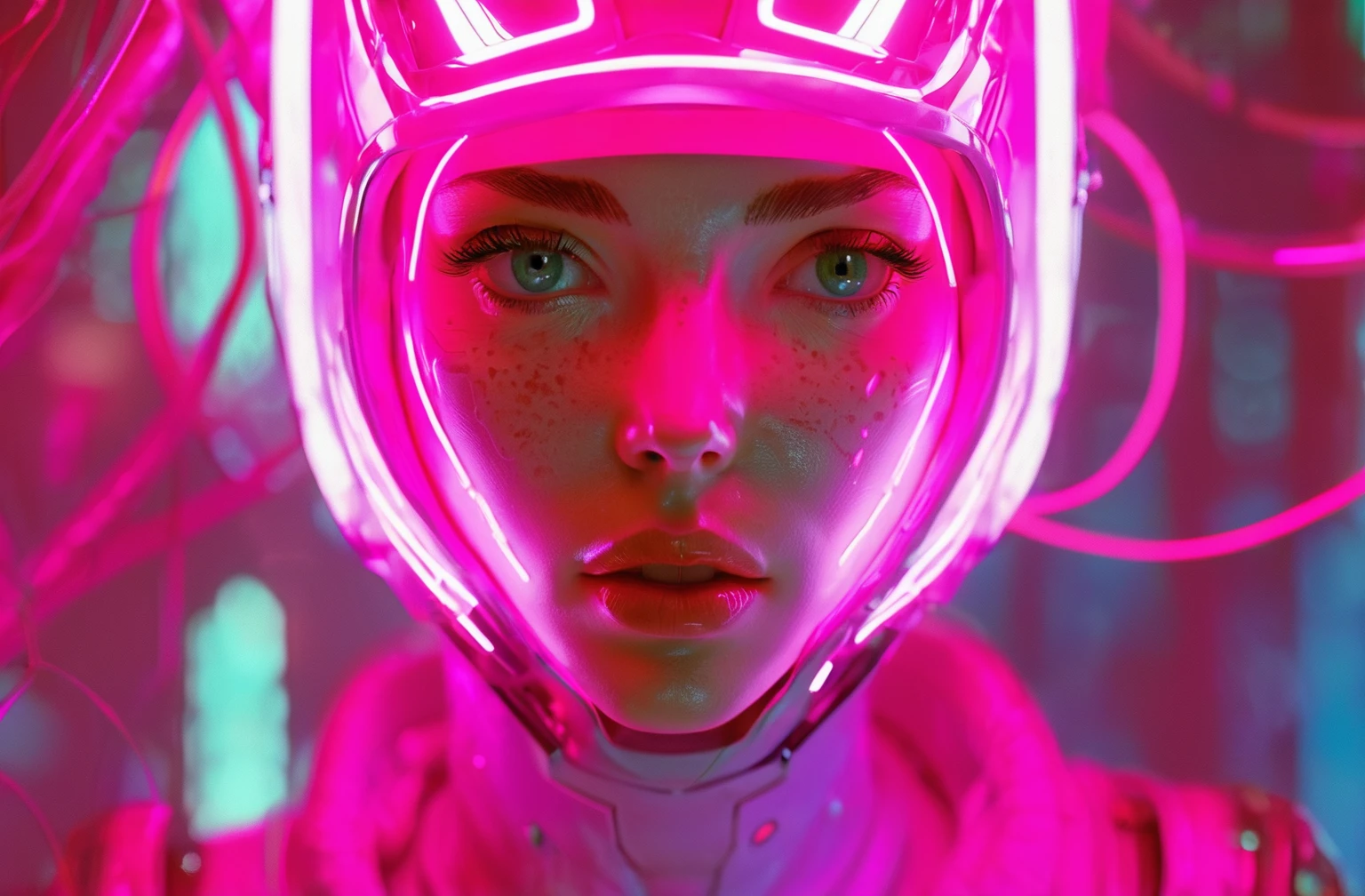 concept art FN Concept,Concept map,film and television special effects concept,cyber technology,ultra high definition face,describe this image in a very detailed manner. a woman with a contemplative gaze is depicted in a futuristic white suit,her face adorned with a transparent visor and a pink neon lighting effect that highlights her freckles and the delicate texture of her skin. the suit's sleek design and the neon's vibrant hue create a stark contrast,emphasizing the woman's serene yet intense expression.,<lora:FN_concept-000009:1>, . digital artwork, illustrative, painterly, matte painting, highly detailed