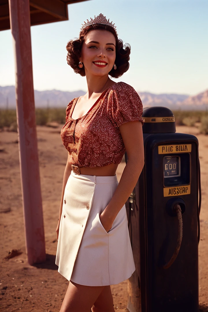 Fine art photography, (amateur photo), (analog photo:1.2,film grain),(A beautiful gorgeous woman with 25 years old, a perfect face, perfect long lags, full body, sensual, perfect eyes, short dark brown hair, perfect lips, The woman is wearing a light red miniskirt a 1950s, stands next to a 1950s gas pump in the middle of the desert. The sun is setting in the background, casting a warm glow over the scene. She is smiling and looking at the camera. The gas pump is old and rusty, and it has a logo on it. There are a few cacti and a dirt road in the background., epic royal background, big royal uncropped crown, royal jewelry, robotic, nature, full shot, symmetrical),vivid colours,realistic,photographic, (natural colors, correct white balance, color correction, dehaze,clarity), background rich in details, conceptual image,masterpiece, award winning photography