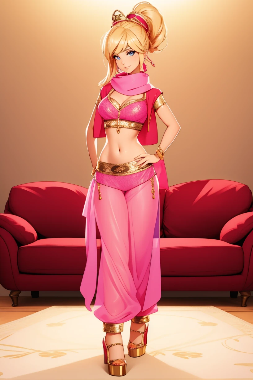 mature female, (full body:1.3), standing, arms crossed, eyeliner, (blonde hair updo), wearing pink genie giab_1, crop top shirt, red crop jacket, sheer harem pants with elastic cuffs, high heels, gold embroidery, hat, <lora:giab_1-15:0.6>, (living room background)