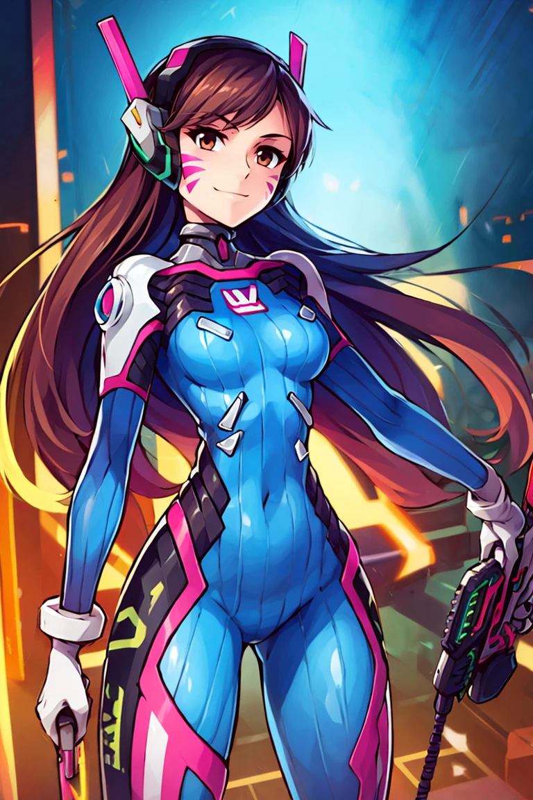 ((masterpiece,best quality)), aahana, long hair, brown hair, headphones, whisker markings, shoulder pads, blue bodysuit, ribbed bodysuit, animal print, clothes writing, long sleeves, white gloves, <lora:d.va_v1:0.8>, cowboy shot, standing, holding weapon, handgun, smile, cyberpunk,