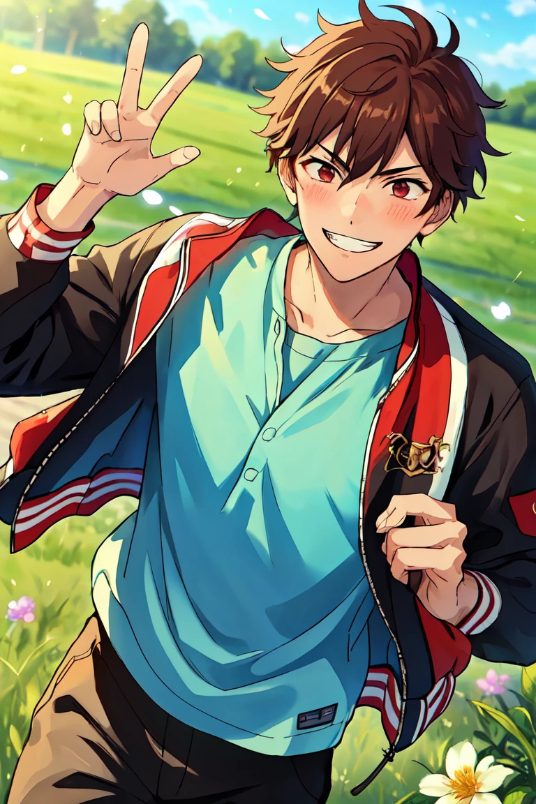 (((best quality, high resolution, masterpiece, very detailed))), <lyco:husbandoLocon_v4:0.7>, anime screencap, 1boy, solo focus, male focus, short hair, depth of field, muscular male, outdoor, smile <lora:Chiaki_Morisawa:0.7> chiakimorisawa, brown hair, spring, field of flower, blushing, ^_^, grin, varsity jacket, eye closes,