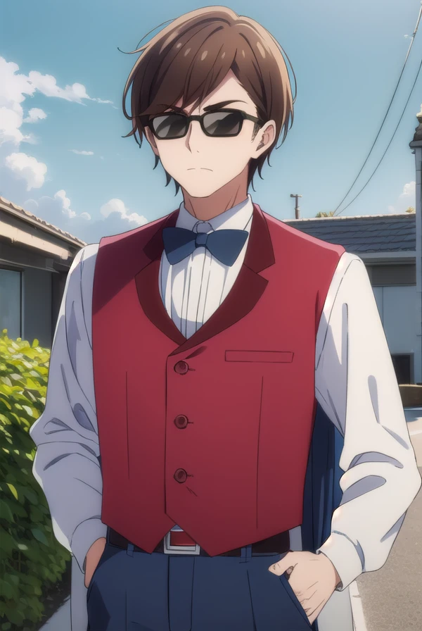 koutaroutatsumi, <lora:koutarou tatsumi s2-lora-nochekaiser:1>,
koutarou tatsumi, short hair, brown hair, male focus, sunglasses,
BREAK shirt, long sleeves, bow, jacket, white shirt, collared shirt, belt, pants, bowtie, vest, black bow, blue bow, blue jacket, jacket on shoulders, blue pants, blue bowtie, (red vest:1.5),
BREAK outdoors,
BREAK looking at viewer, (cowboy shot:1.5),
BREAK <lyco:GoodHands-beta2:1>, (masterpiece:1.2), best quality, high resolution, unity 8k wallpaper, (illustration:0.8), (beautiful detailed eyes:1.6), extremely detailed face, perfect lighting, extremely detailed CG, (perfect hands, perfect anatomy),