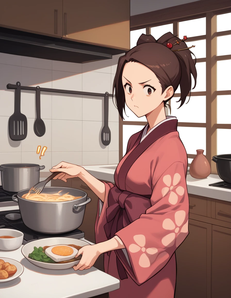 score_9, score_8, score_7, source_anime,
<lora:fuu-ponyxl-000015:1> fuu, kimono, hair ornament, hair stick, ponytail,
1girl, kitchen, cooking, confused