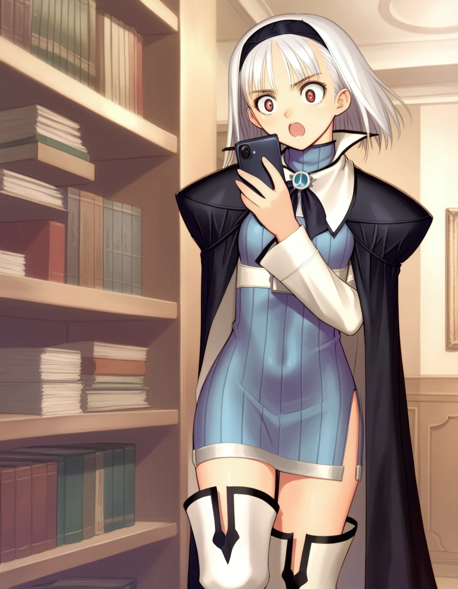 score_9, score_8, score_7, source_anime,
<lora:shining-ponyxl-000043:1>
stbn, red eyes, short hair, white hair, hairband, stdrs, stcape, stud earrings, side slit, ribbed shirt, turtleneck dress, thigh boots, white footwear,
1girl, solo, surprised, wide-eyed, detective, office, smartphone, messy room
art by (tony taka:0.8)